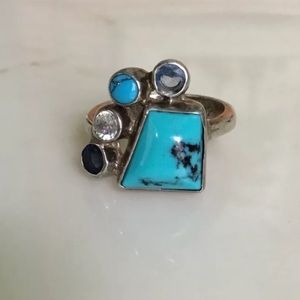 Vintage Sterling turquoise multi color stone ring Sz 6.5